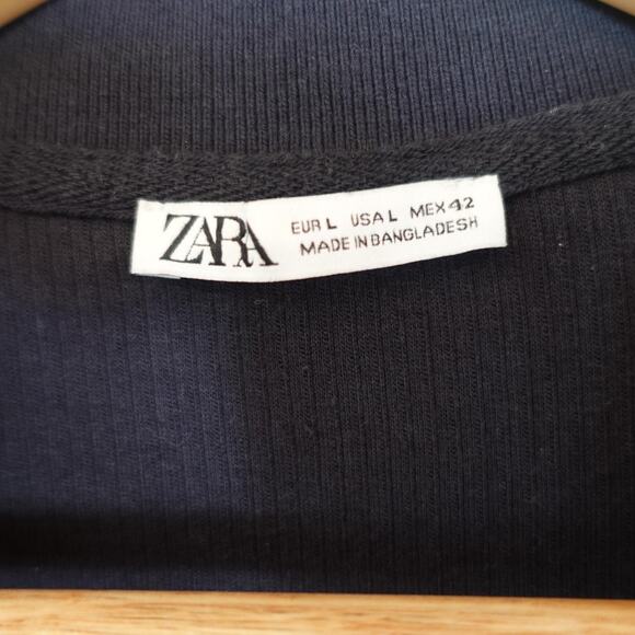 Zara Shirt Mens Large Black Ribbed Knit Collared Short Sleeve Polo Open Collar - Picture 3 of 6